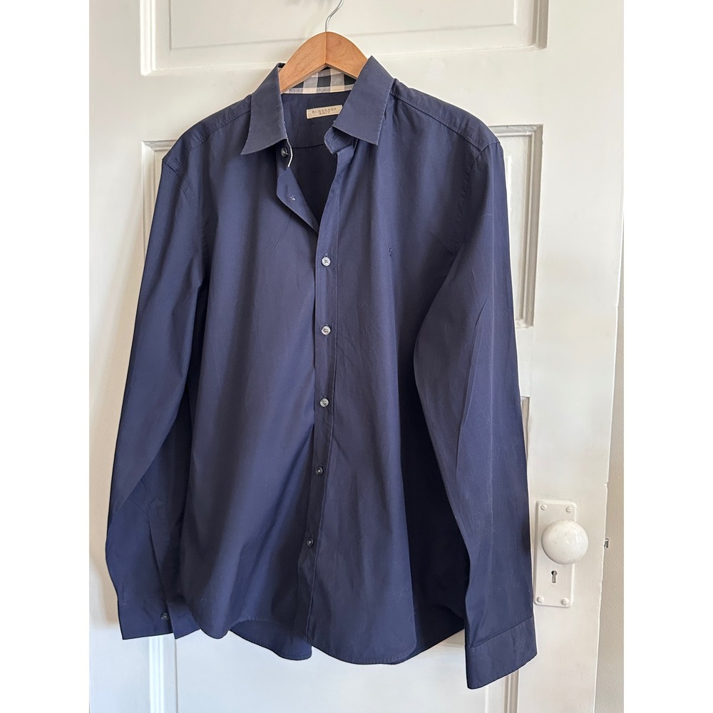 Burberry Brit Mens Navy Blue Nova Check Trim Cotton Button Down Shirt Large